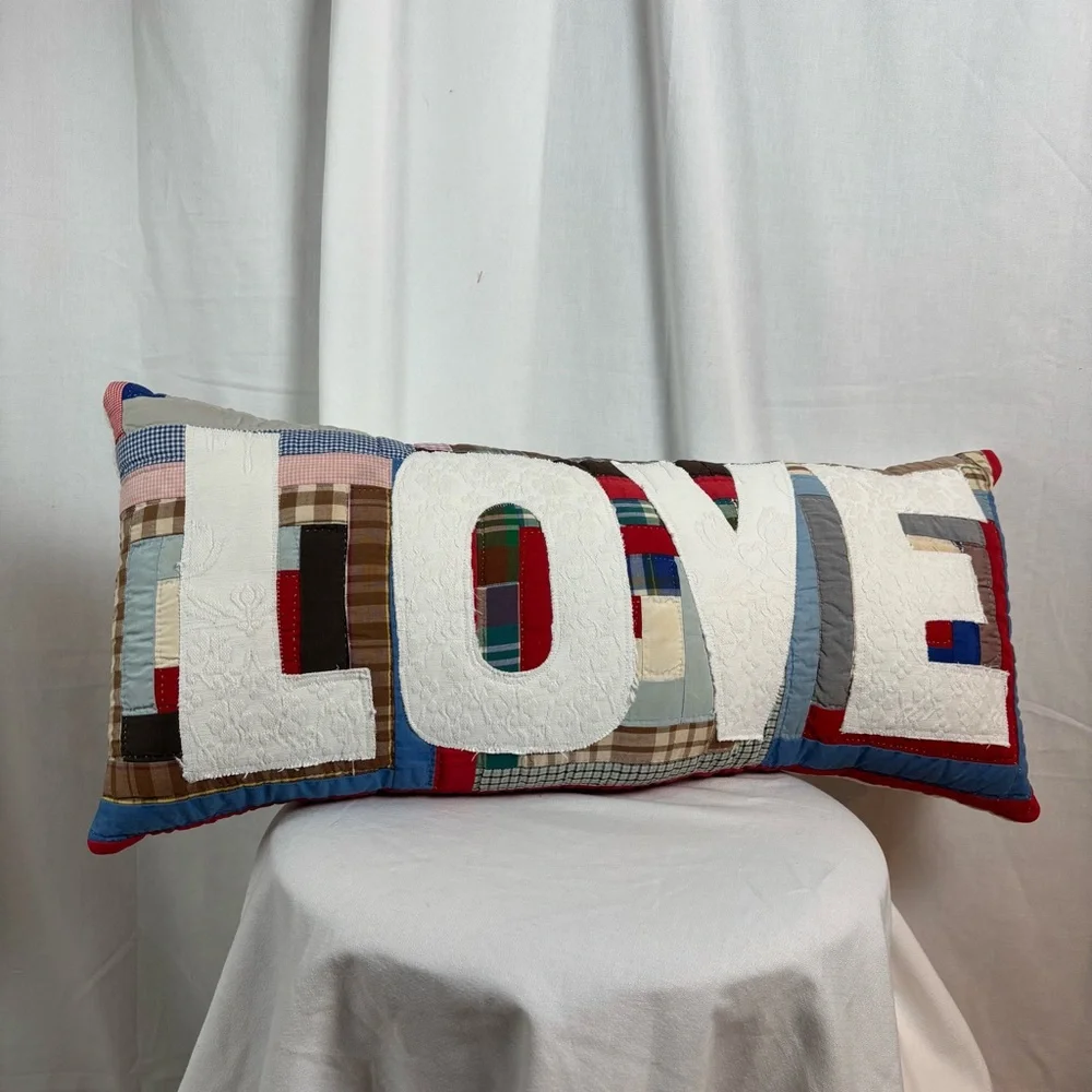 Log Cabin Quilt‎ Up Cycled into a LOVE Pillow with White and Multicolor Design